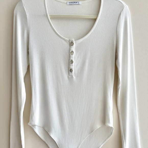 MangoPop Button Down Ribbed Long Sleeved Scoopneck Bodysuit, Size Large, White - Picture 2 of 16